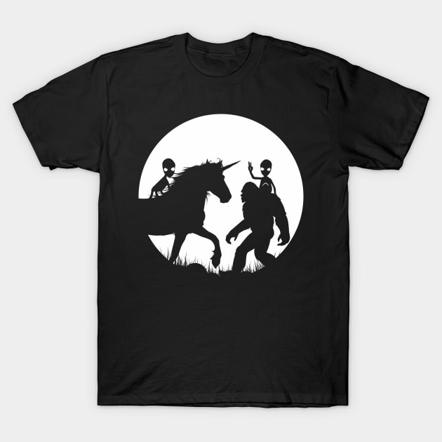 Alien Riding Unicorn Funny Sasquatch Aliens T-Shirt by Tesszero